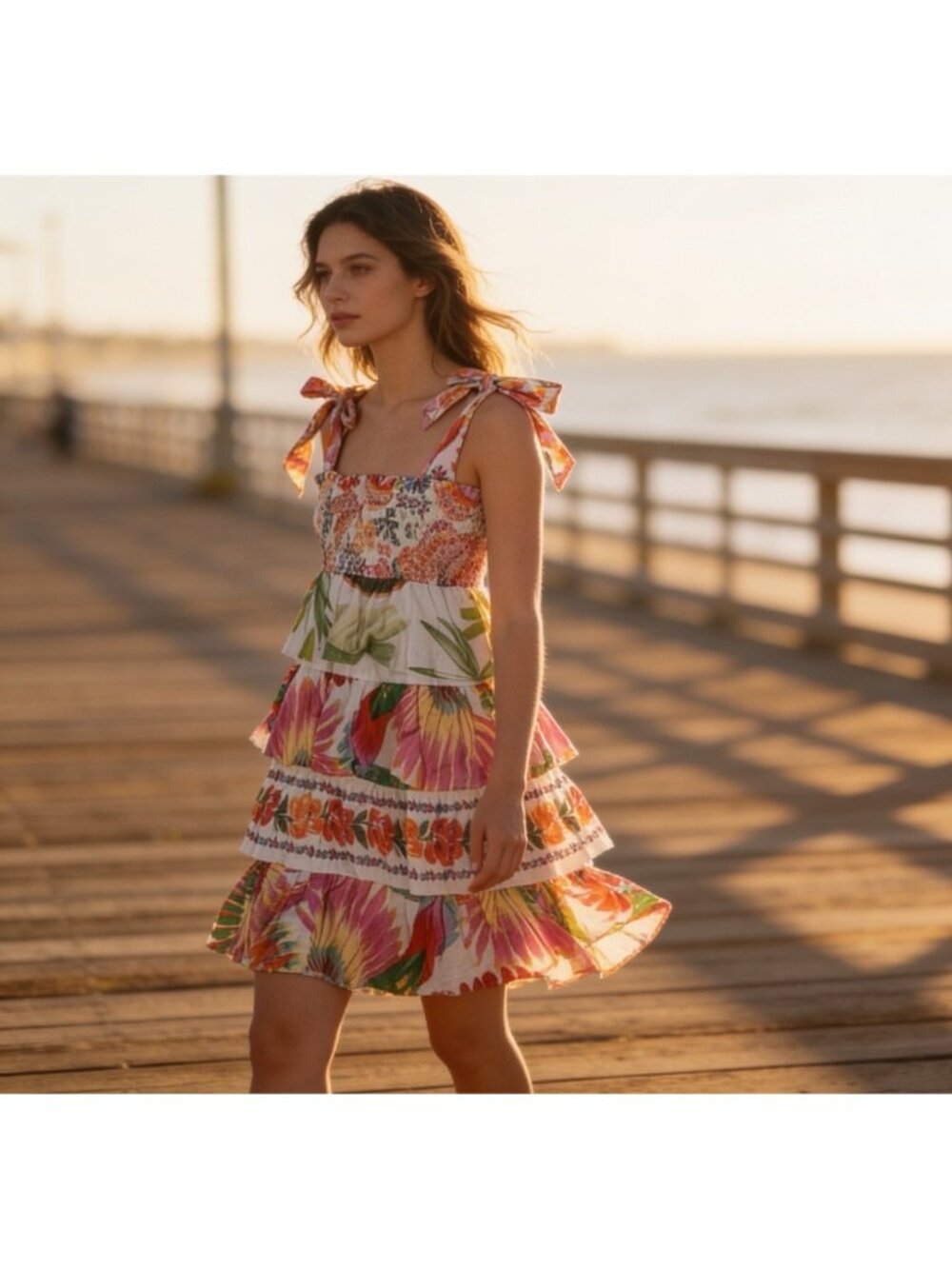 Farm Rio Mixed White Prints Layered Dress L Tropical Floral Tiered Linen Smocked